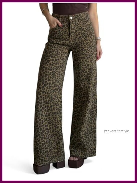 Denim - High Waisted Wide Leg Stretchy Leopard Print Jeans with Pockets